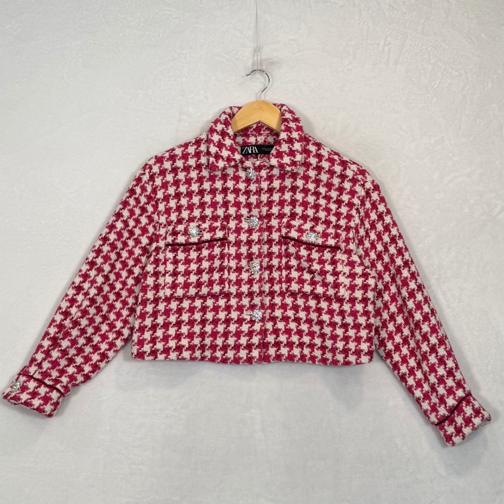 Zara Pink Houndstooth Cropped Tweed Jacket XS